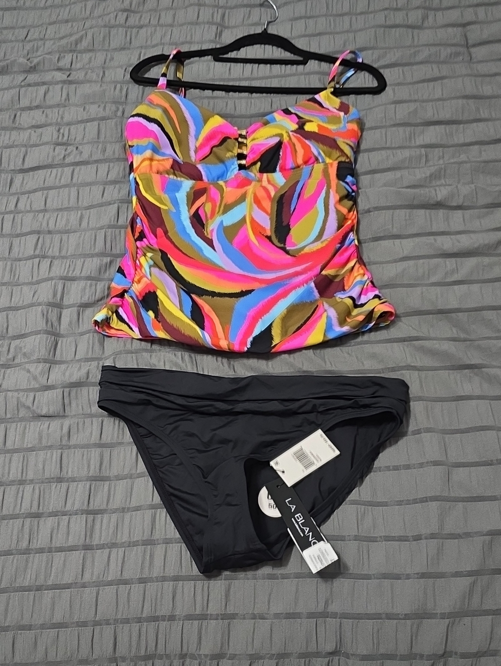 La Blanca Women's Multicolor Tankini Top with Black Bikini Bottoms Sz 10 Nwt